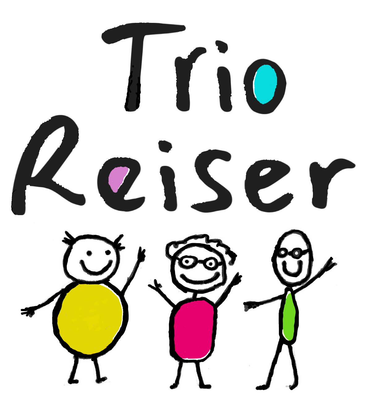 Trio Reiser Logo: handgeschriebener Schriftzug und drei Strichmännchen in Gelb, Pink und Grün